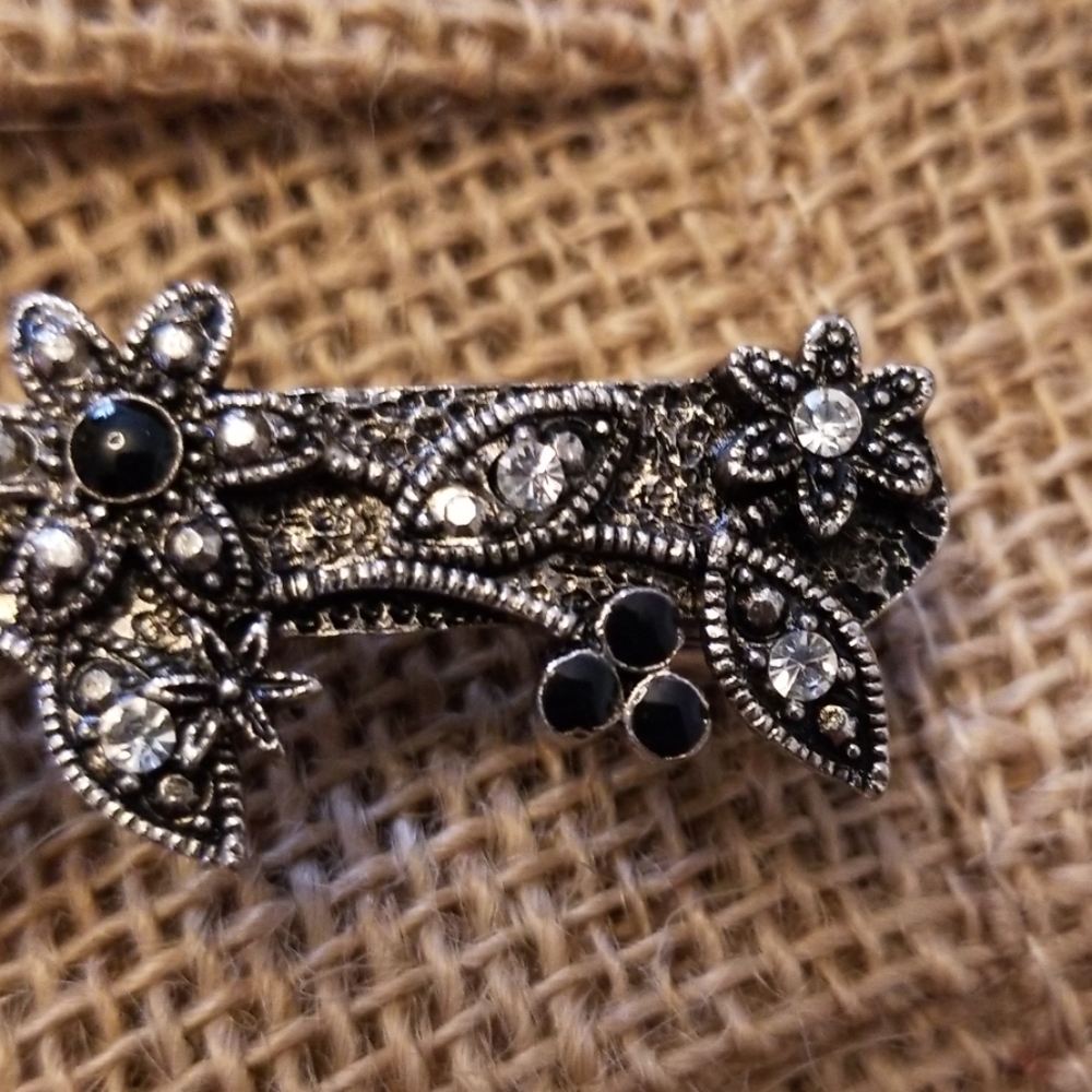 Vintage hair clip, silver, flower and leaf, clear and black crystals, 4”, updo - Picture 4 of 5